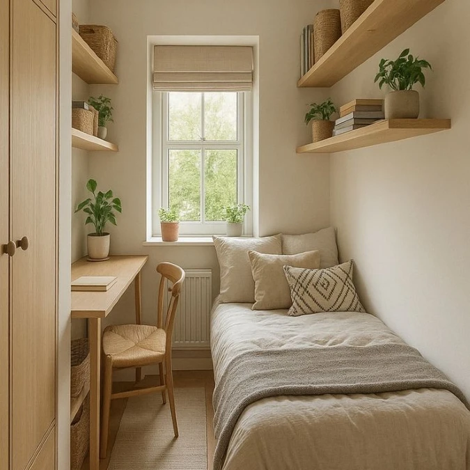 Narrow Single Bedroom with Desk Wall and Floating Shelves