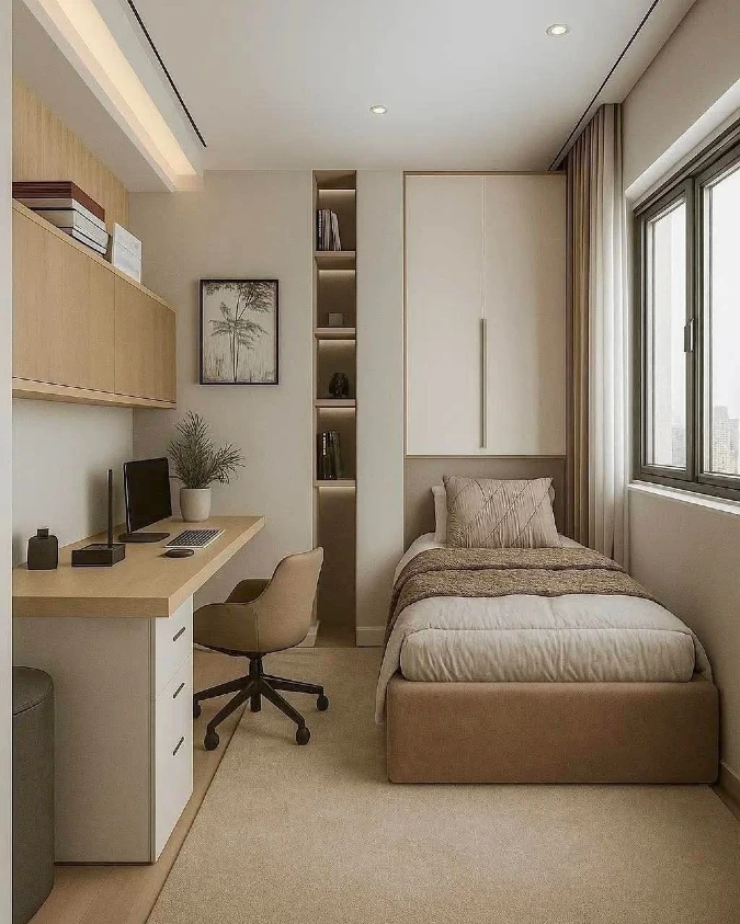 Neutral Bed and Desk Wall with Tall Built In Storage