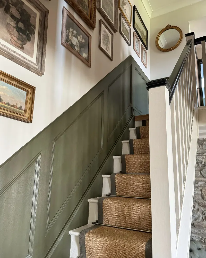Olive Green Board and Batten Paneling with a Multi-Frame Vintage Gallery Wall