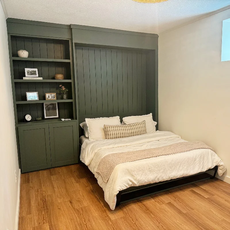 Olive Green Shiplap Built-In with Matching Open Bookcase and Plaid Lumbar Pillow