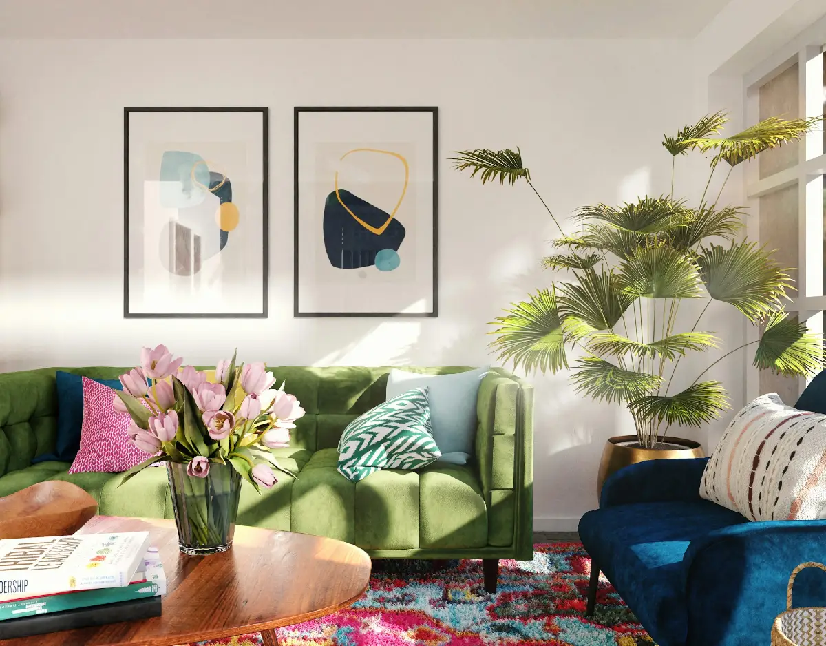 Olive Green Sofa with Botanical Corner and Abstract Print Pair