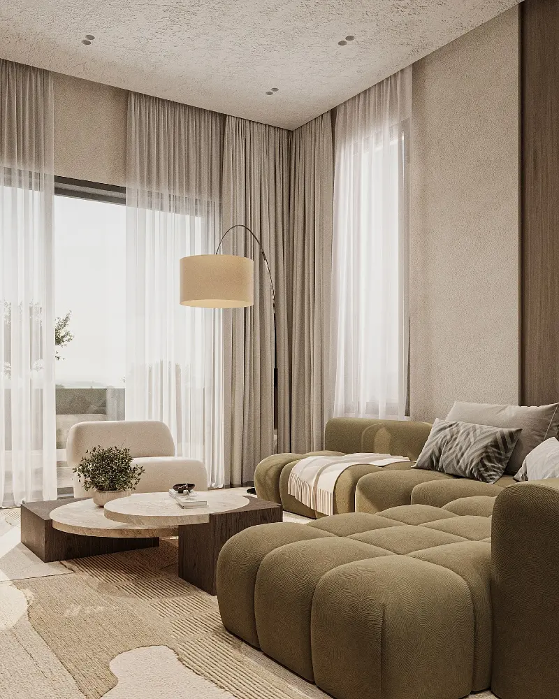  Olive Modular Sofa with Sheer Curtains and Round Stone Coffee Table