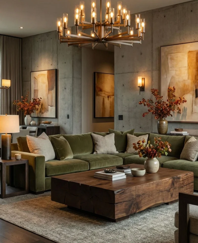 Olive Velvet Sectional with Raw Wood Coffee Table and Concrete Walls