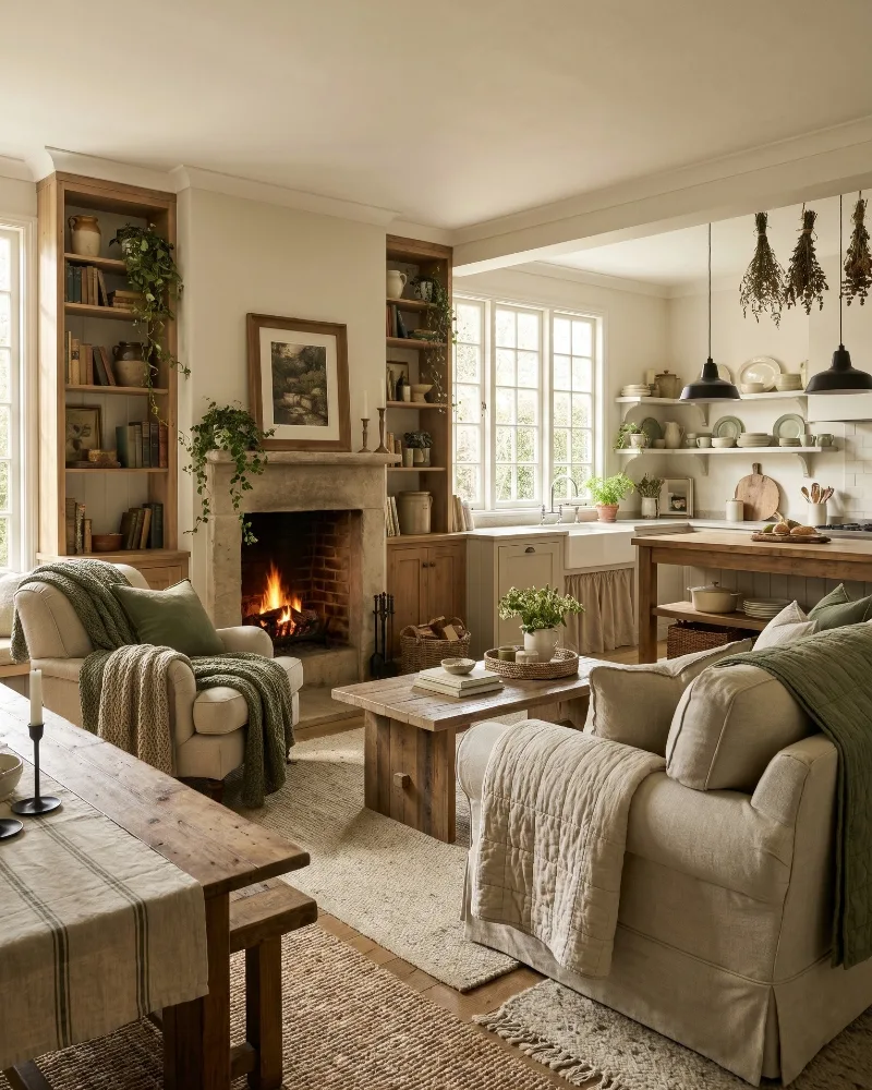 Open Cottage Living Kitchen with Fireplace and Hanging Herbs