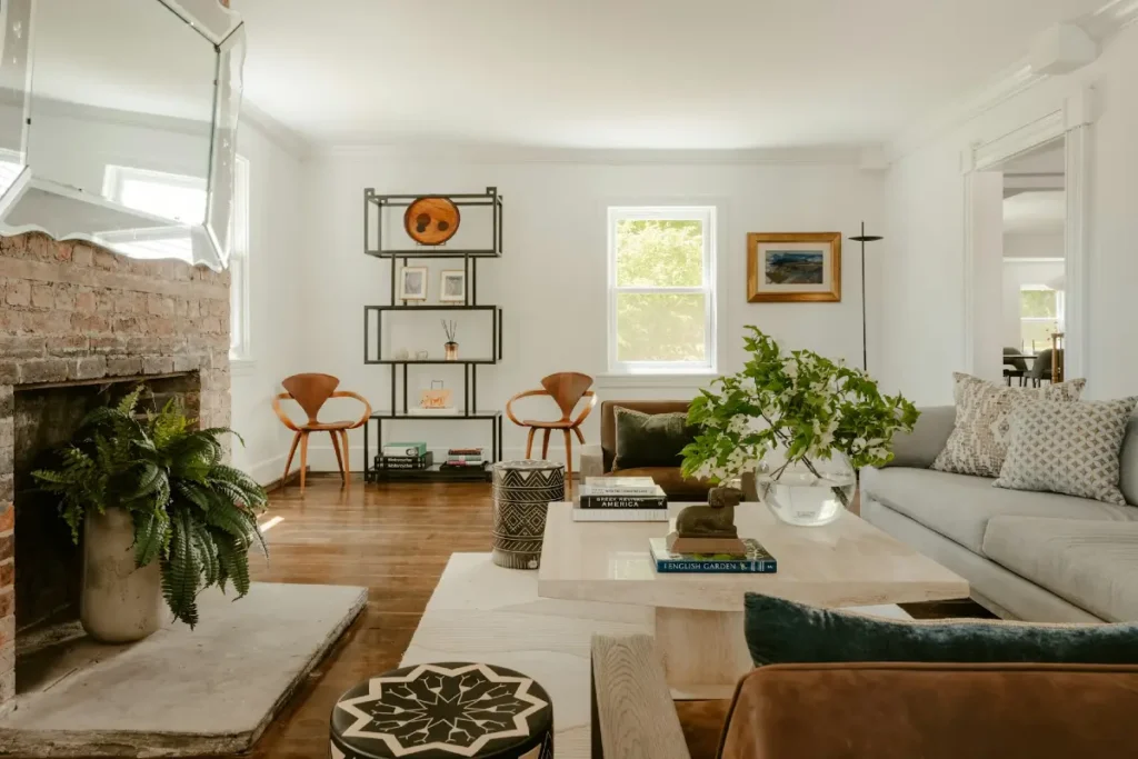 Open Metal Shelving with Brick Fireplace Character