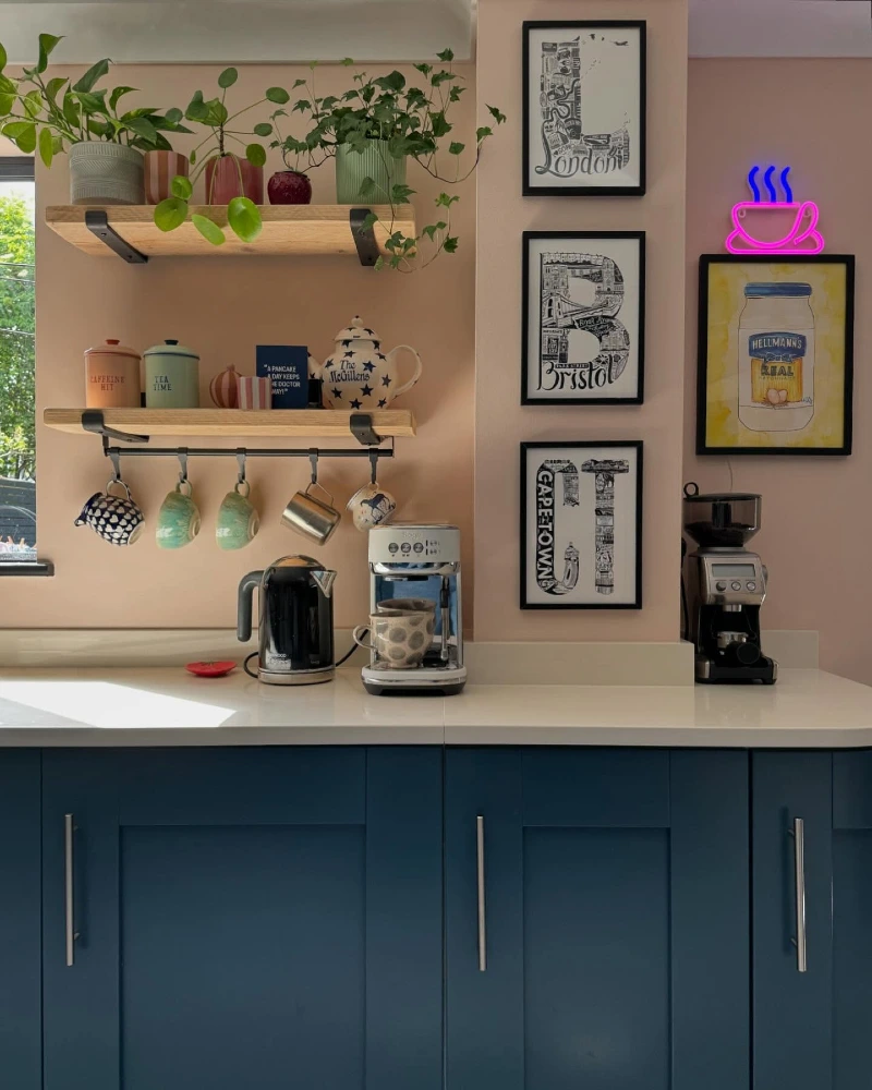 Open Oak Shelves with Textured Ceramic Planters, Leafy Greenery, and Colorful Canisters
