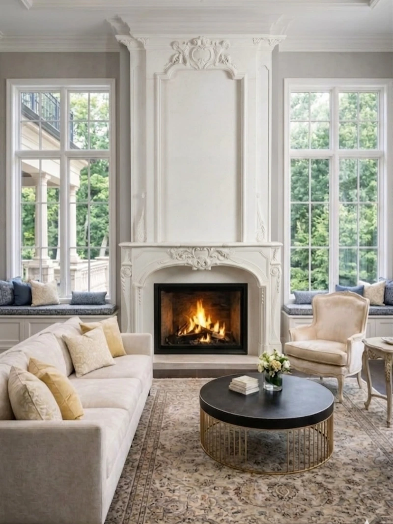 Ornate White Fireplace with Tall Carved Overmantel and Symmetric Window Seats
