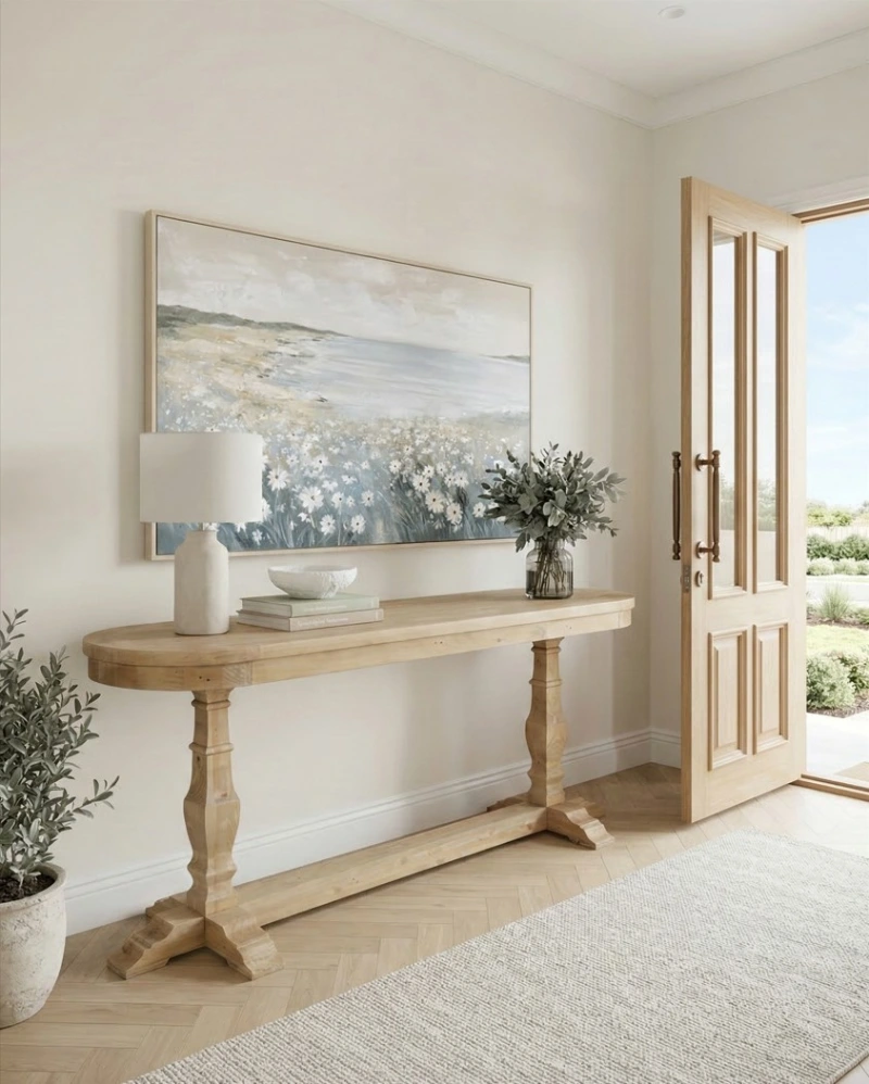 Pale Wood Console with Coastal Canvas, White Lamp, and Olive Branches