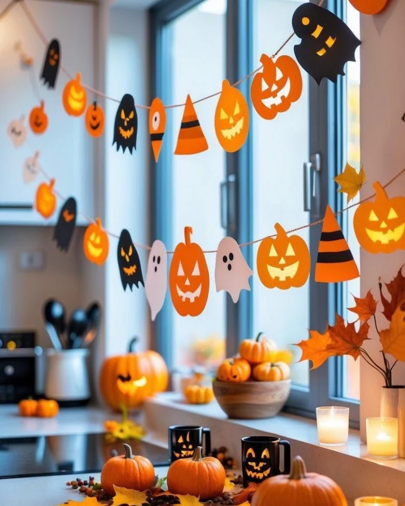 Paper Garland Window Display with Kitchen Pumpkins
