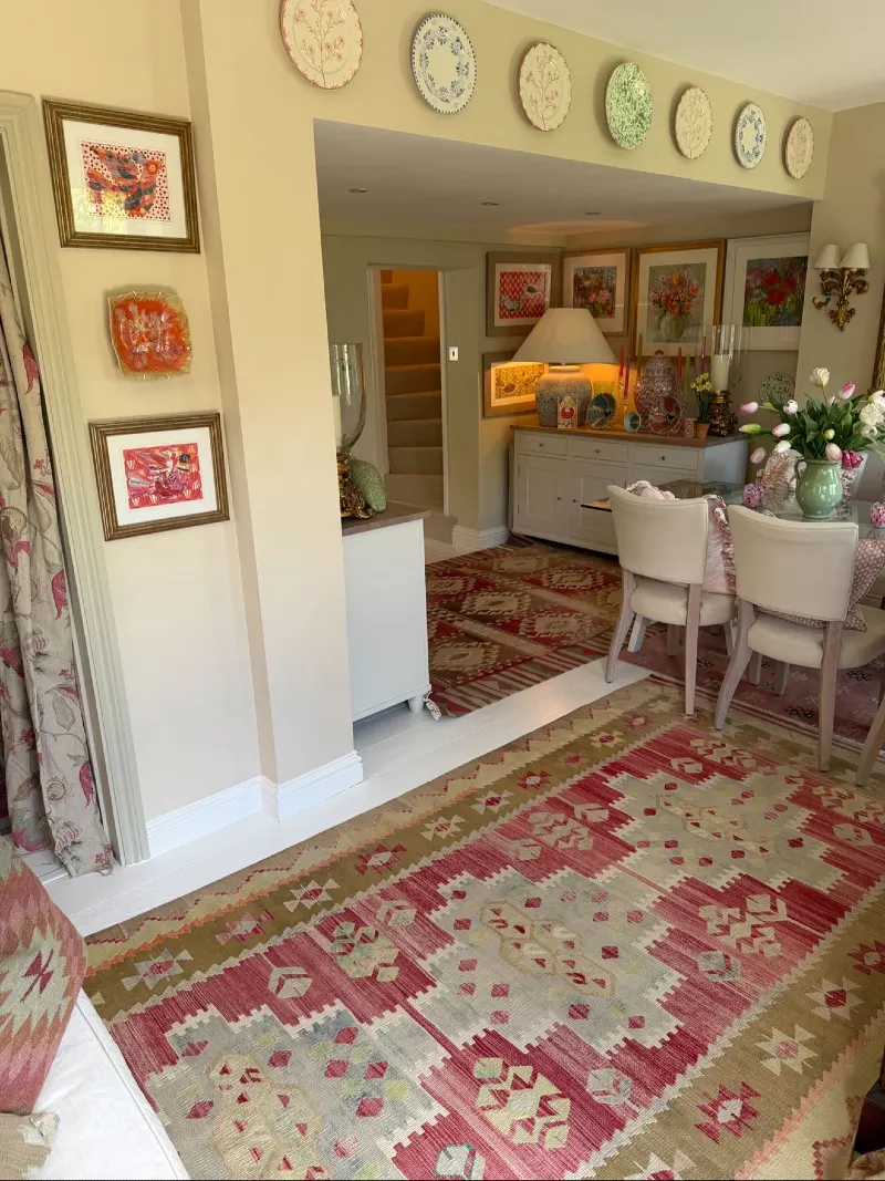 Patterned Rug Dining Room with Plate Wall Display