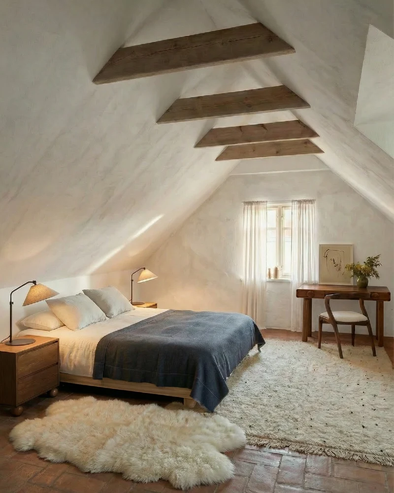 Plaster-Effect Sloped Walls with Raw Wood Collar Ties and Slate Blue Coverlet