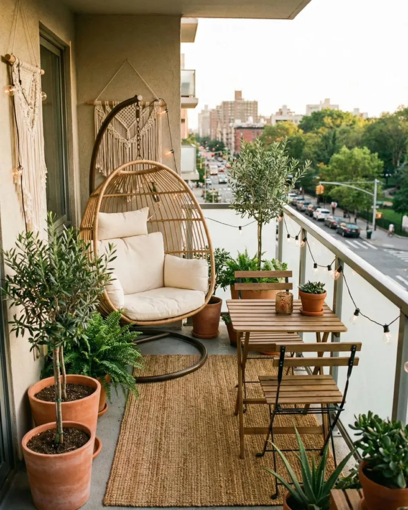 Rattan Egg Chair Balcony Lounge with Café-Style Table Setup