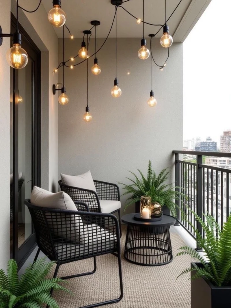 Rattan Lounge Corner with Warm String Light Glow