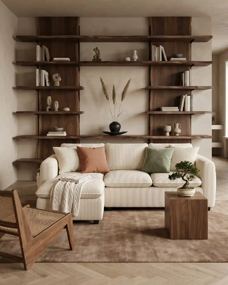Ribbed Cream Sofa with Live-Edge Walnut Shelving and Bonsai