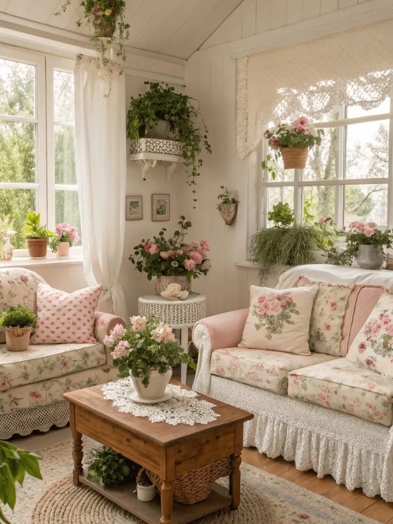  Rose Print Sitting Room with Lace Skirts and Potted Geraniums