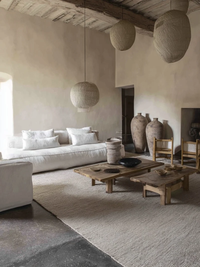 Rough Timber Ceiling with Sphere Thread Pendants and Slouchy White Linen Sofa