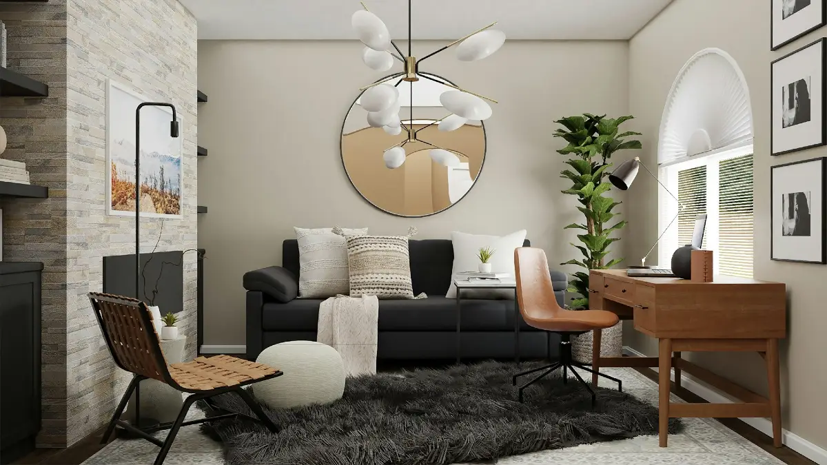 Round Mirror Focal Wall with Compact Work Corner