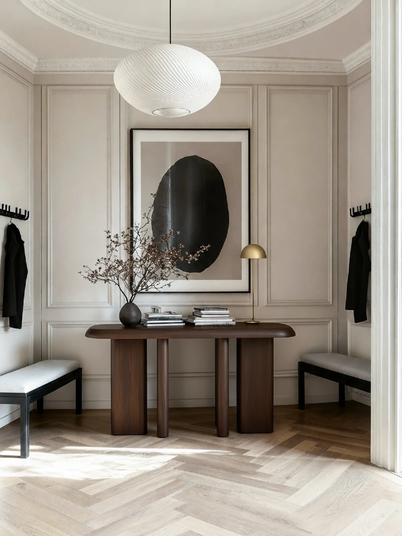Rounded Walnut Console with Black Abstract Art and Pleated Globe Pendant