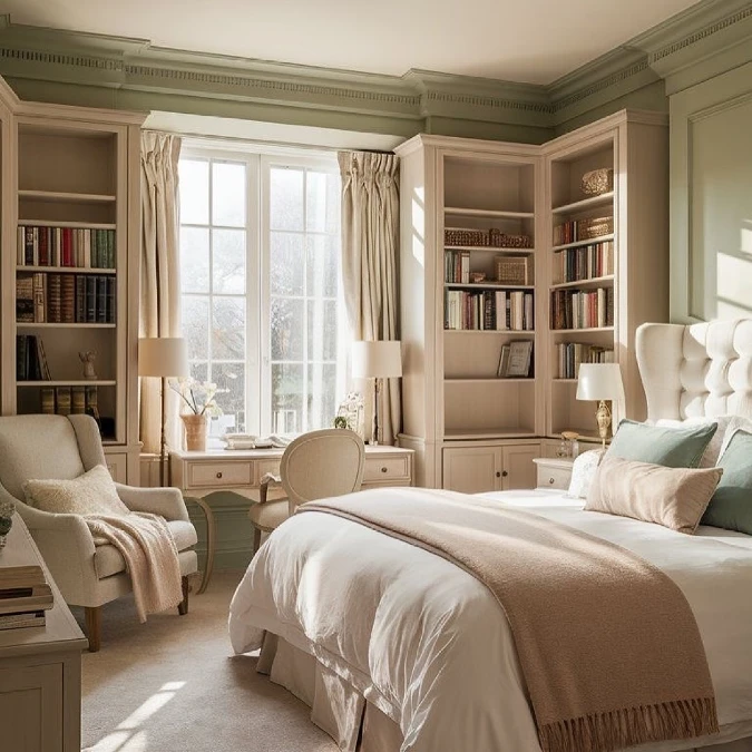Sage Crown Molding with Built In Library Shelves