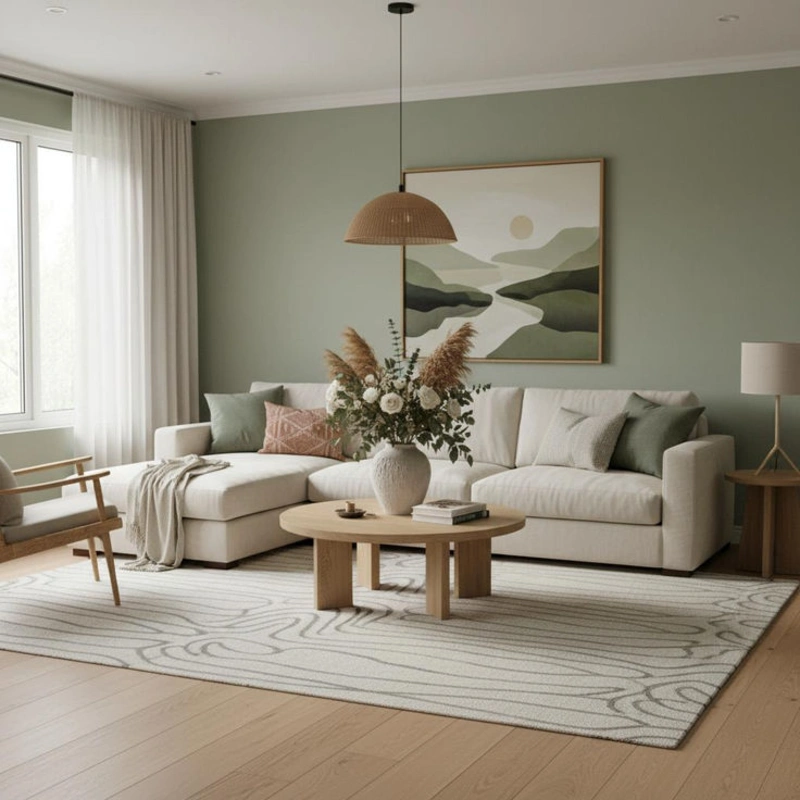 Sage Green Accent Wall with Woven Dome Pendant and Cream Sectional