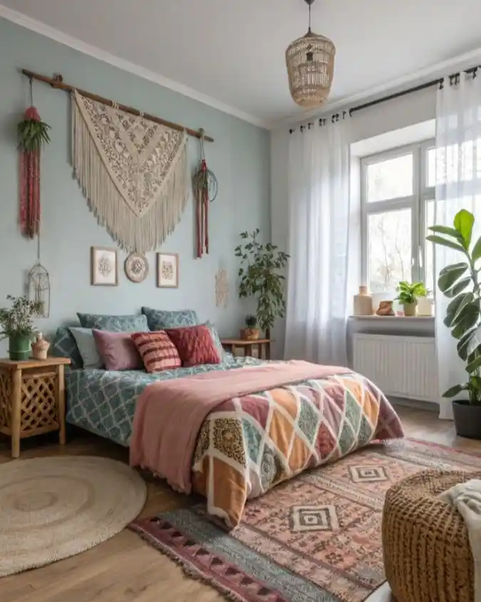 Sage Green Bedroom with Oversized Macrame Wall Hanging