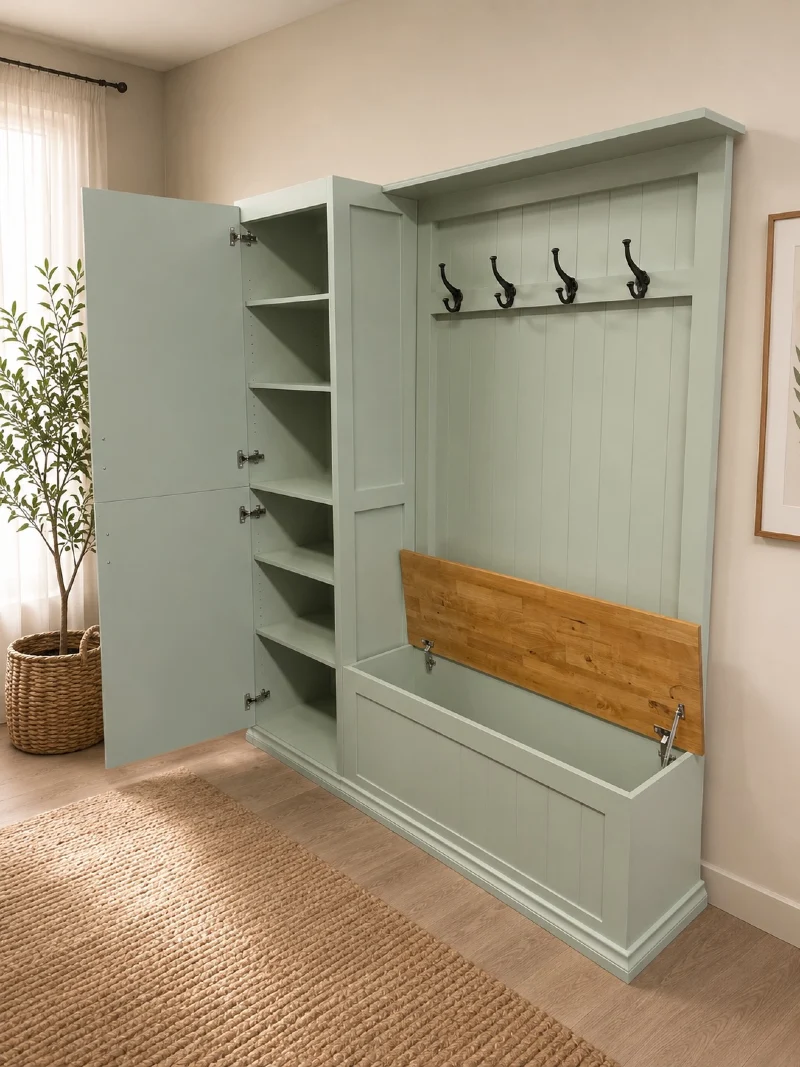 Sage Green Hall Tree with Open Storage Bench and Integrated Side Wardrobe