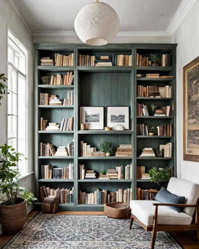 Sage Green Library Wall with Faded Books, White Lounge Chair, and Patterned Rug