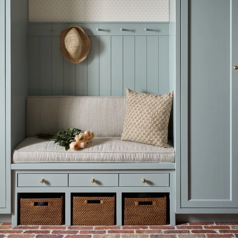 Sage Green Mudroom Nook with Ticking Stripe Cushions and Brick Flooring