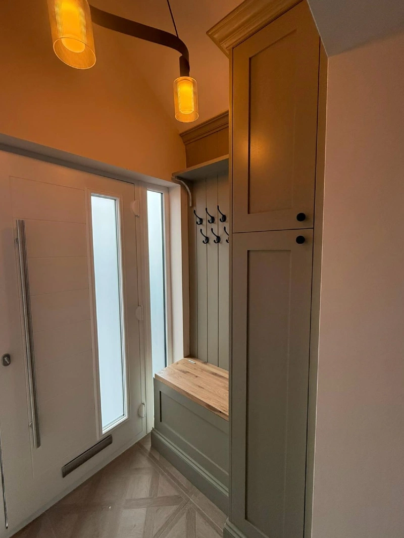 Sage Green Mudroom Tower with Oak Bench Seat and Black Hooks