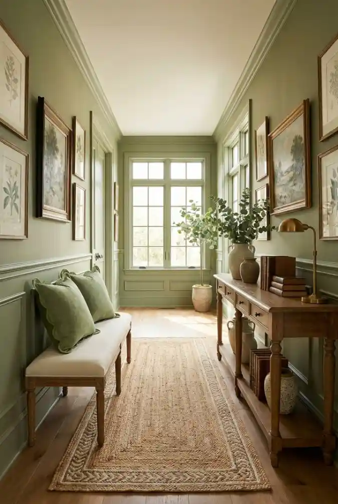 Sage Green Paneled Corridor with Traditional Wooden Furniture