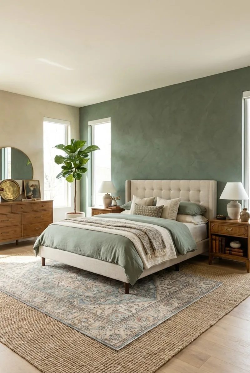 Sage Green Plaster Accent Wall with Tufted Cream Bed and Layered Rugs