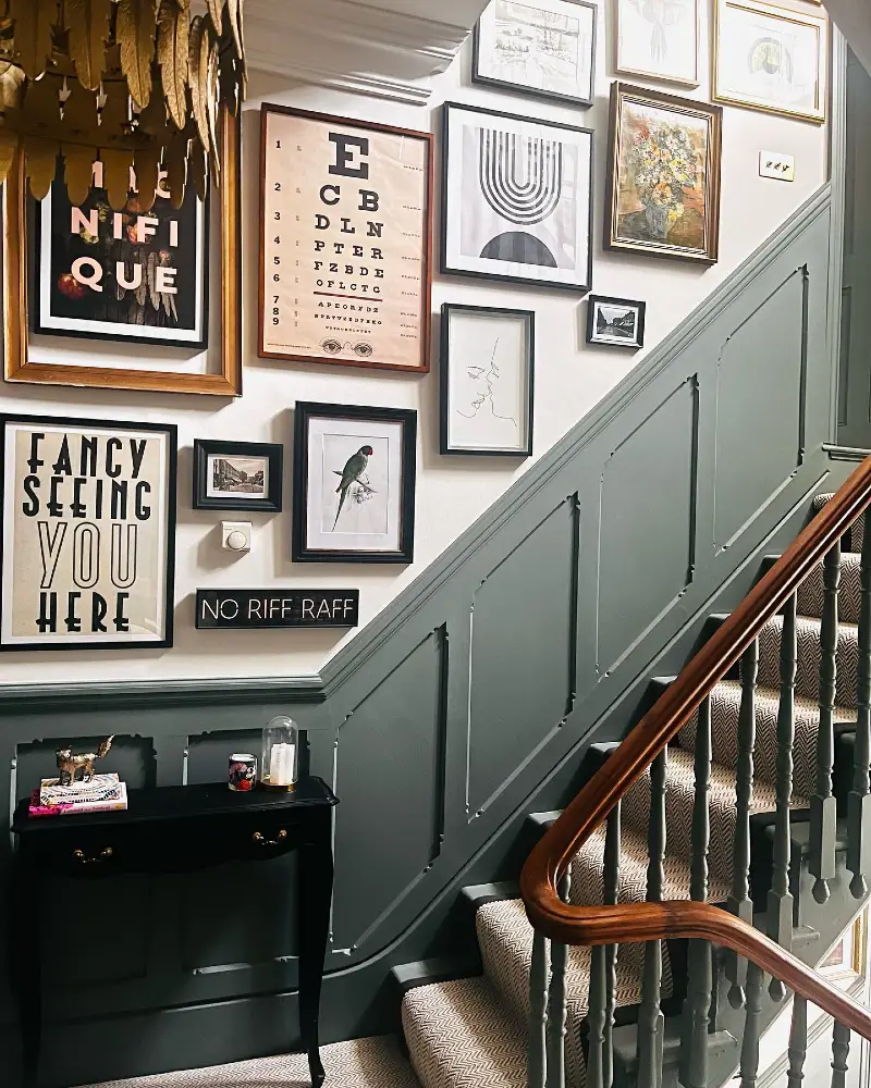 Sage Green Recessed Wainscoting with Eclectic Typography Gallery Wall