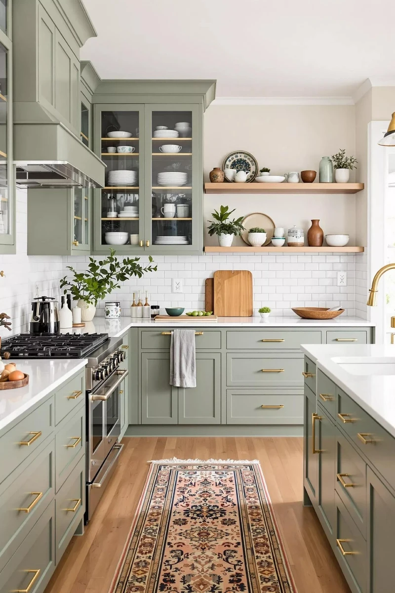 Sage Green Shaker Kitchen with White Subway Tile Backsplash and Open Shelf Styling
