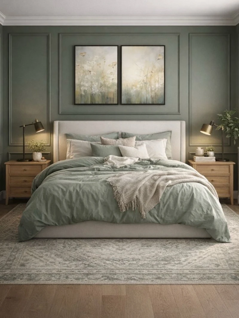 Sage Paneled Wall with Cream Bed and Wildflower Diptych Art