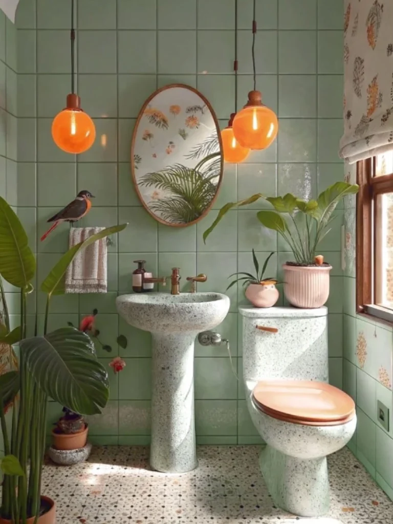 Sage Tile Bathroom with Orange Pendant Lights