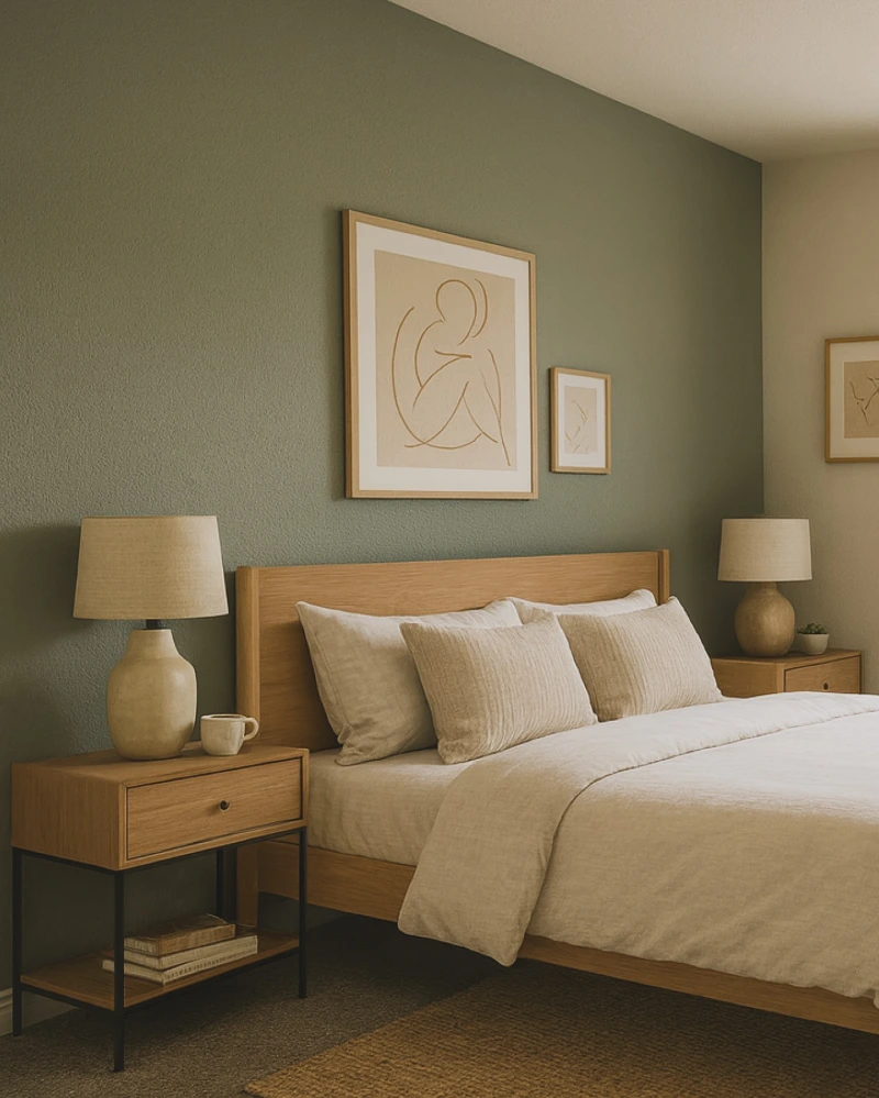 Sage Wall Bedroom with Minimalist Art
