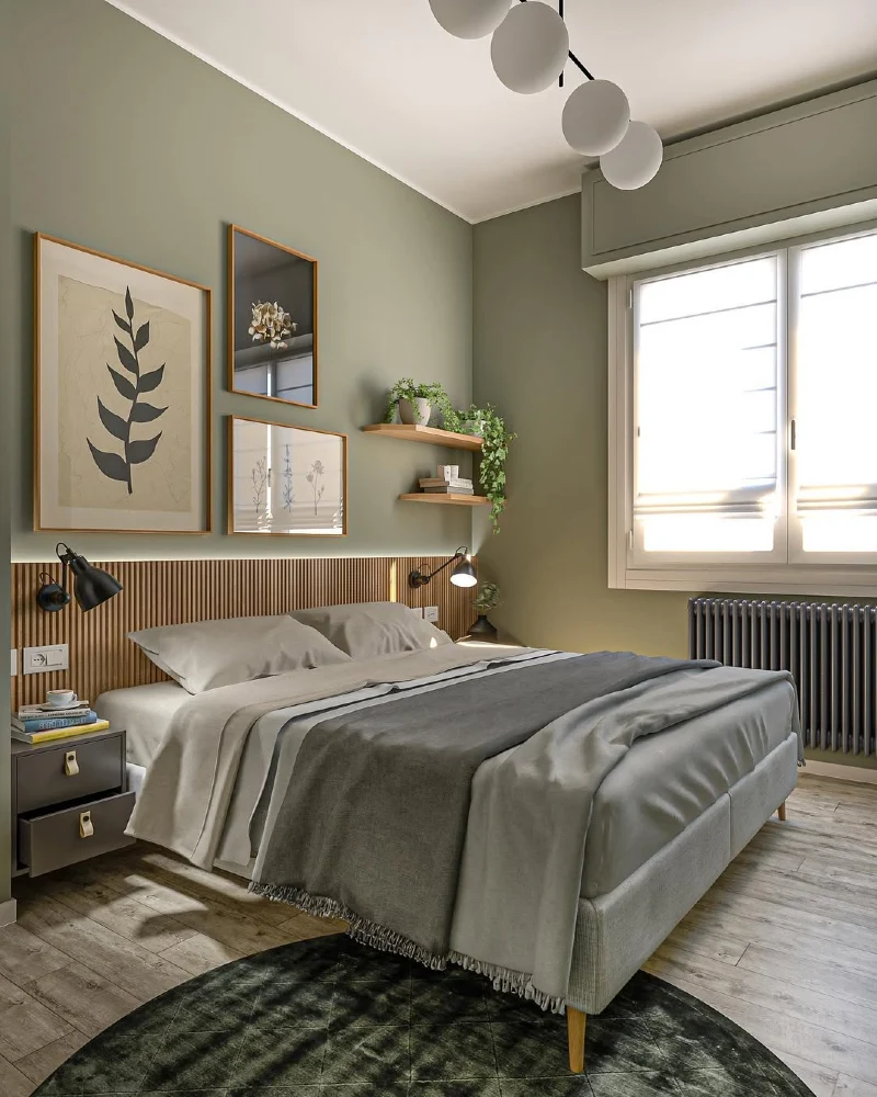 Sage Walls with Low Wood Slat Headboard and Asymmetric Art Layout