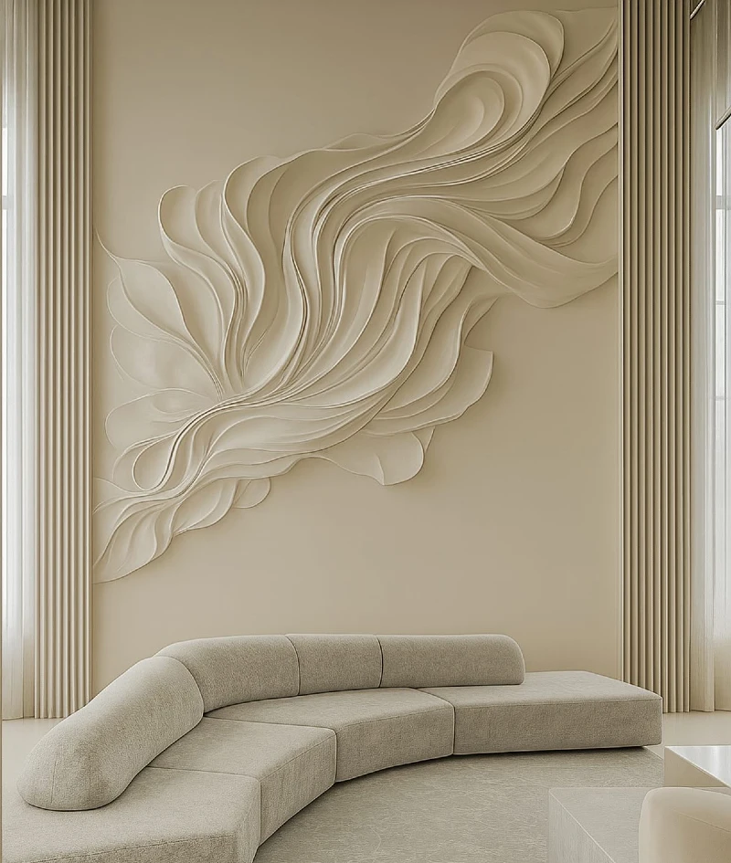 Sculpted Bas-Relief Waves on Beige Accent Wall