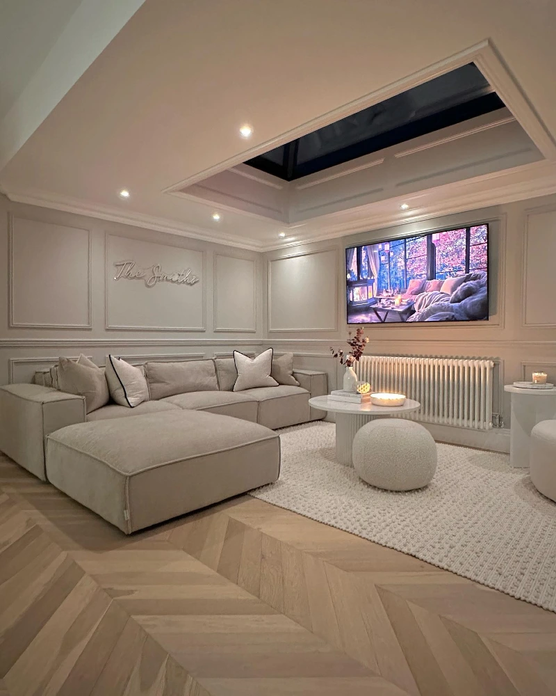 Sculpted Ceiling Coffers with Soft Beige Old-Money Lounge Flow