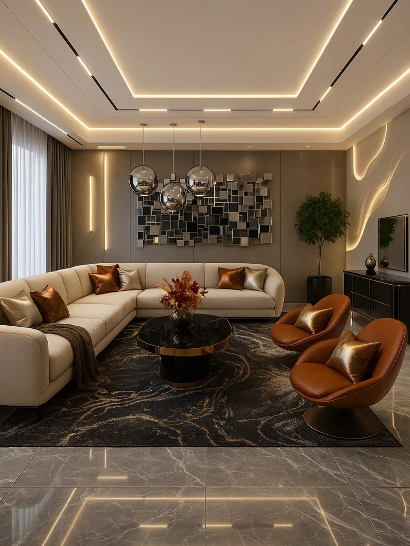 Sculpted Ceiling Glow with Cream Leather Seating