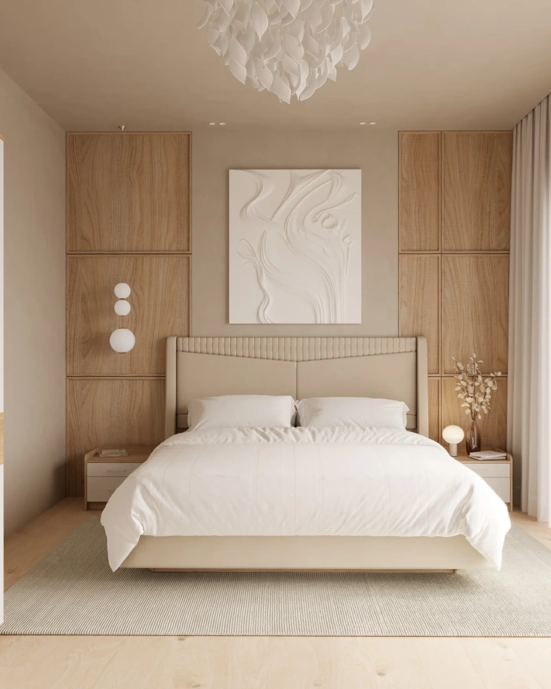 Sculpted Wall Panel Bedroom with Soft Neutrals and Architectural Calm
