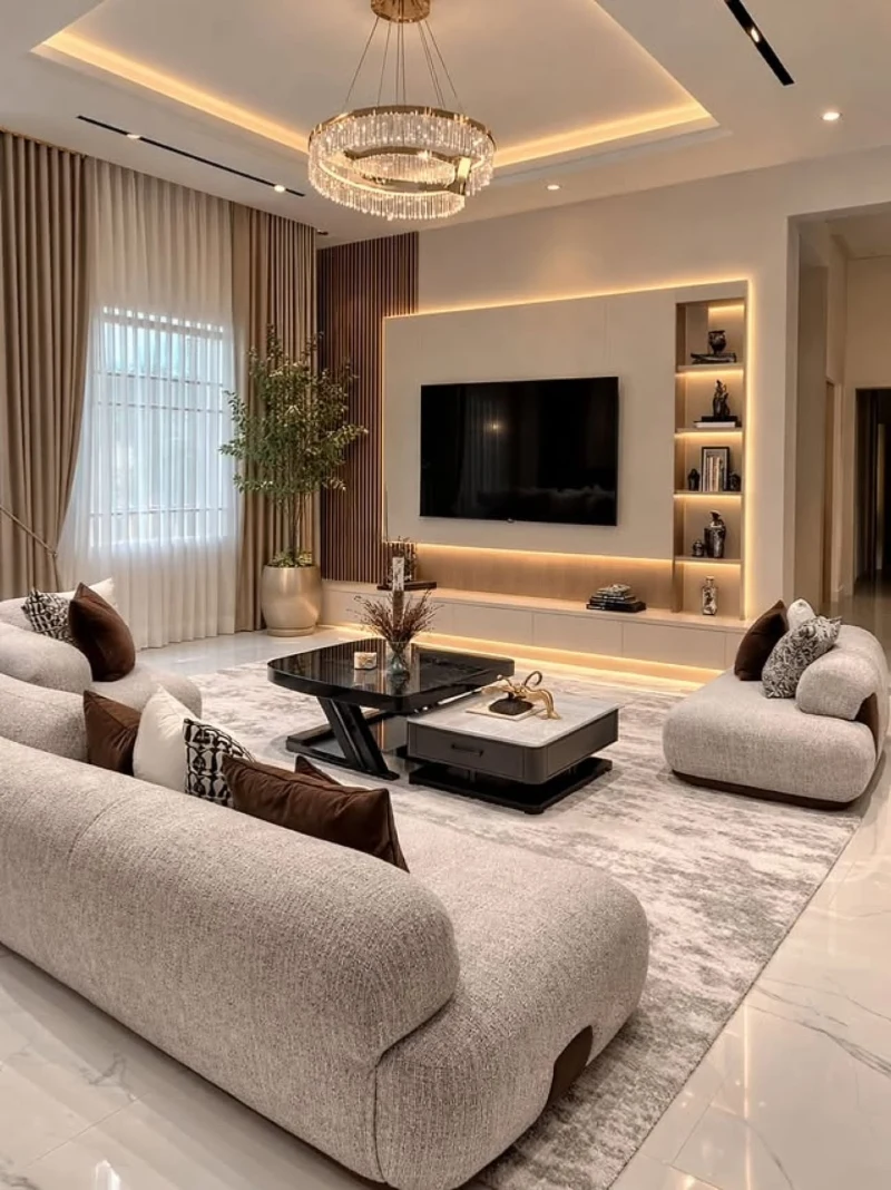 Sculptural Crystal Chandelier with Warm LED Coves and Built-In Luxury Wall Frame
