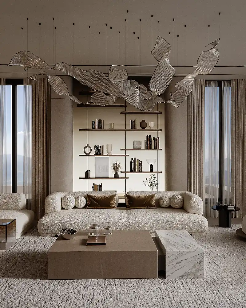 Sculptural Mesh Chandelier with Bouclé Sofa and Floating Bookshelves