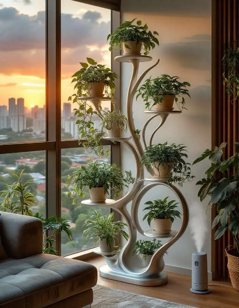Sculptural Metallic Plant Stand by Sunset High-Rise Window