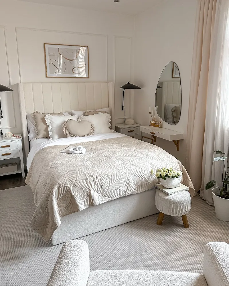Sculptural Pendant Bedroom with Vertical Wall Detailing and Soft Neutral Calm