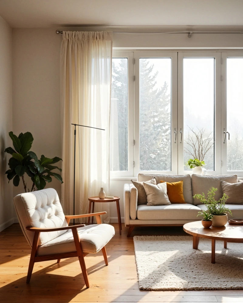 Sheer Cream Curtains with Wood Armchair and Sunlit Plants