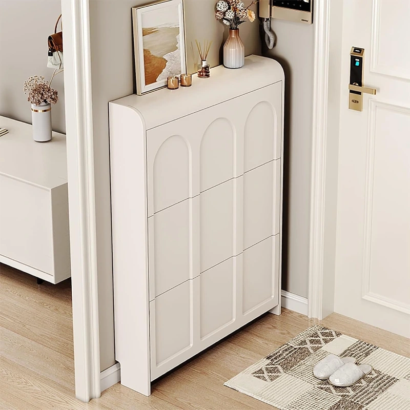 Slim Arched White Shoe Cabinet on Light Wood Flooring