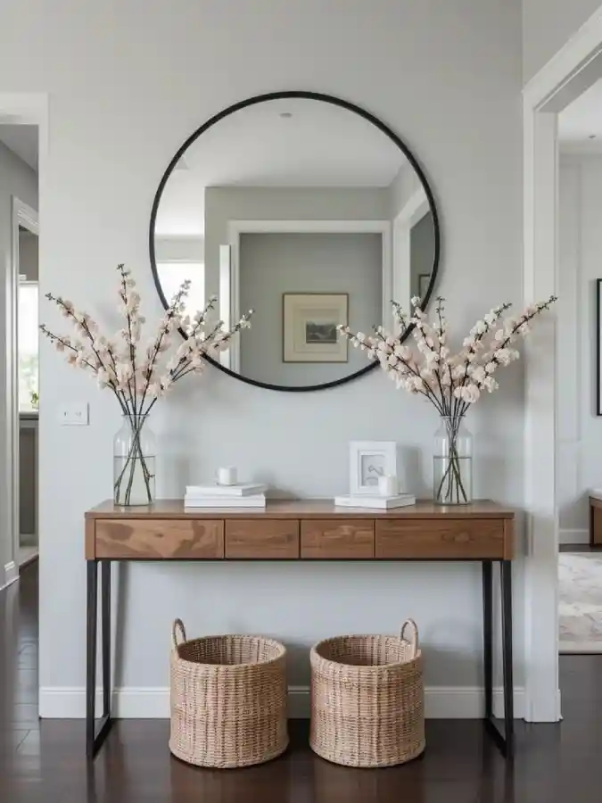 Slim Wooden Console Table with Symmetrical Cherry Blossom Vases