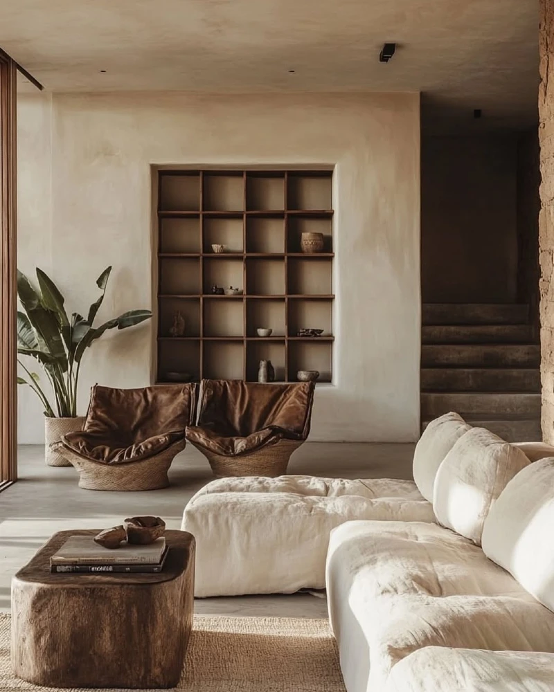 Slouchy Leather Lounge Chairs with Built-In Wooden Cubbies and Linen Sectional