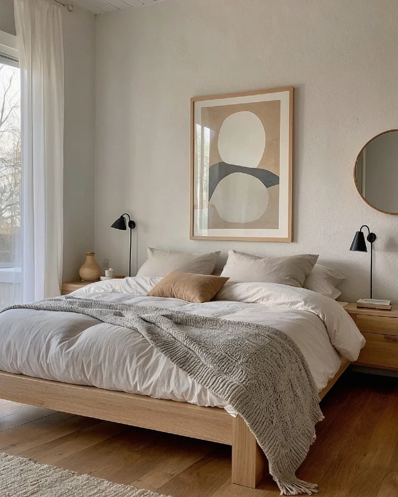 Soft Beige Headboard with Sculptural Pendant and Minimal Nordic Balance